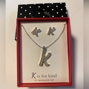 Silver Tone Necklace Initial Letter “K” & Earring Set